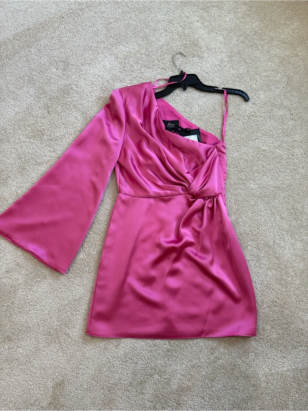 Muse by Marchesa Radiant Sunset Punch Pink One-Shoulder Satin Mini Dress